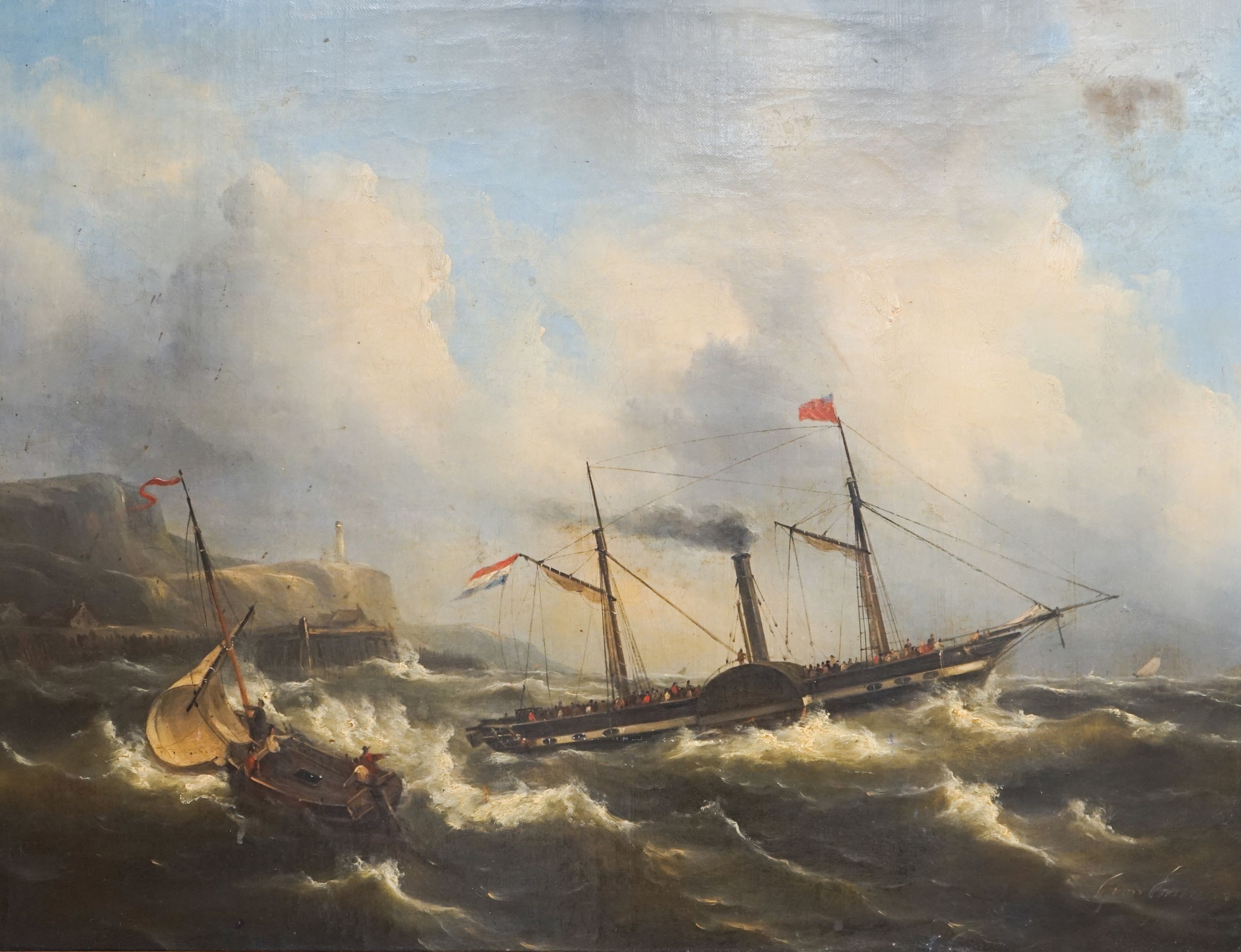 Marine School (19th century), oil on canvas, Dutch paddle steamer and sailing boat in rough seas off the shore, a lighthouse on the cliffs, indistinctly signed and dated, 54 x 70cm